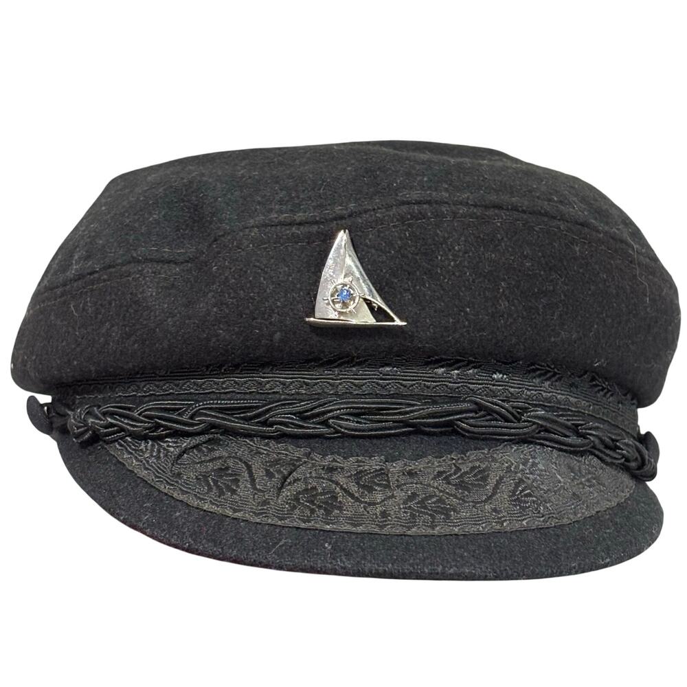 Vintage Authentic Greek Fisherman’s cap hat black wool blend lace trim visor